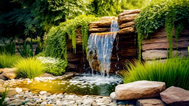 Caída de agua en el jardín con rocas y plantas a su alrededor y corriente de la cascada IA generativa