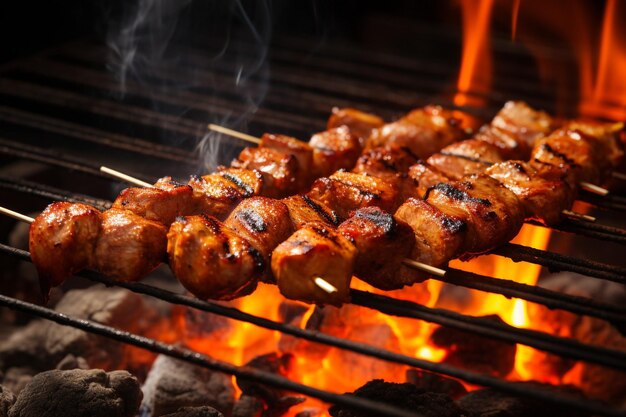 La caída de la barbacoa BBQ camarones a la parrilla con mitades de ajo fondo negro fuego ardiente brasa