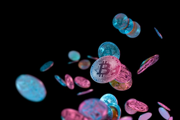 Caída de bitcoins con luz azul y rosa sobre fondo oscuro