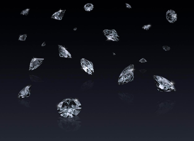 Caída de diamantes 3D sobre fondo negro 3D Render