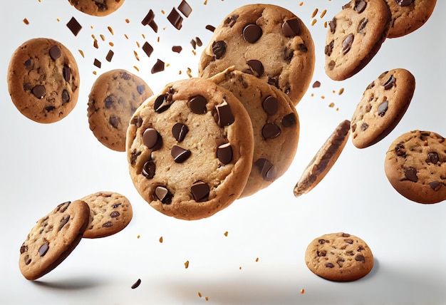 Caída de galletas de chispas de chocolate rotas aisladas sobre fondo blanco