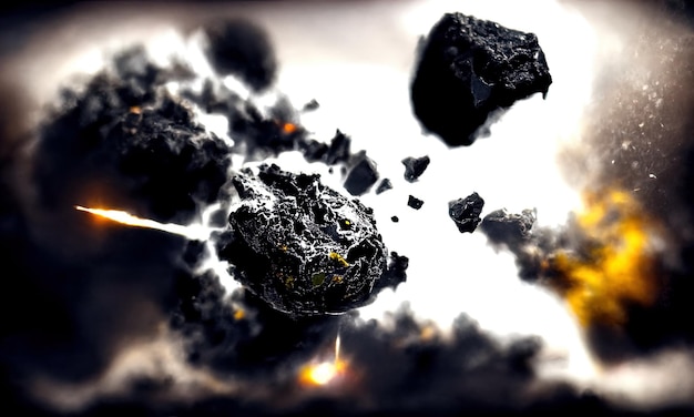 Caída de un gran meteorito en el planeta Onda explosiva de big bang por colisión de meteorito Meteorito Explosión de chispas y fuego Fondo de galaxia negra 3d render
