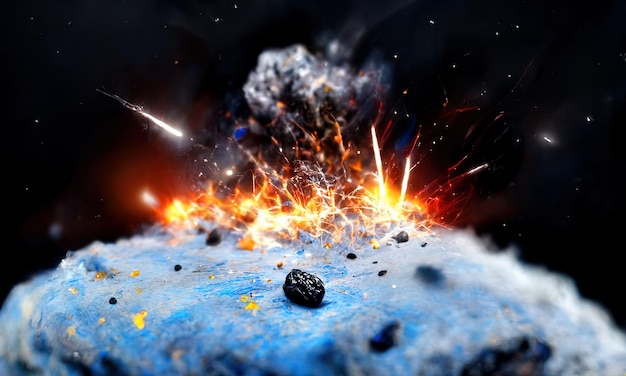 Caída de un gran meteorito en el planeta Onda explosiva de big bang por colisión de meteorito Meteorito Explosión de chispas y fuego Fondo de galaxia negra 3d render