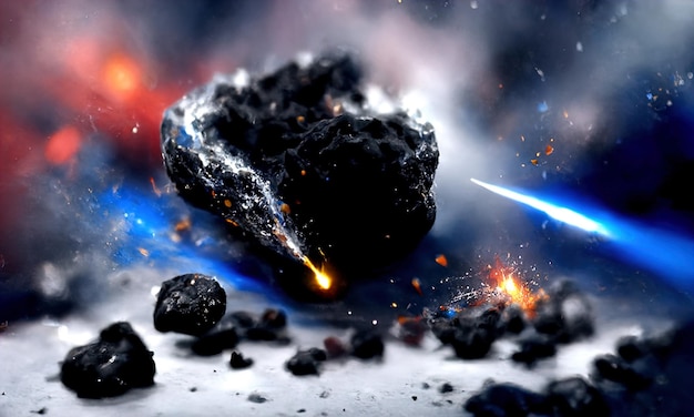 Caída de un gran meteorito en el planeta Onda explosiva de big bang por colisión de meteorito Meteorito Explosión de chispas y fuego Fondo de galaxia negra 3d render