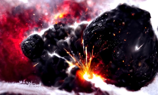 Foto caída de un gran meteorito en el planeta onda explosiva de big bang por colisión de meteorito meteorito explosión de chispas y fuego fondo de galaxia negra 3d render