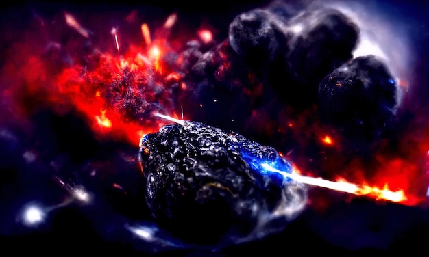 Foto caída de un gran meteorito en el planeta onda explosiva de big bang por colisión de meteorito meteorito explosión de chispas y fuego fondo de galaxia negra 3d render