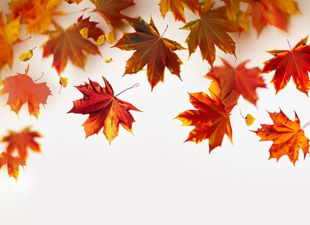 La caída de las hojas de otoño sobre fondo blanco.