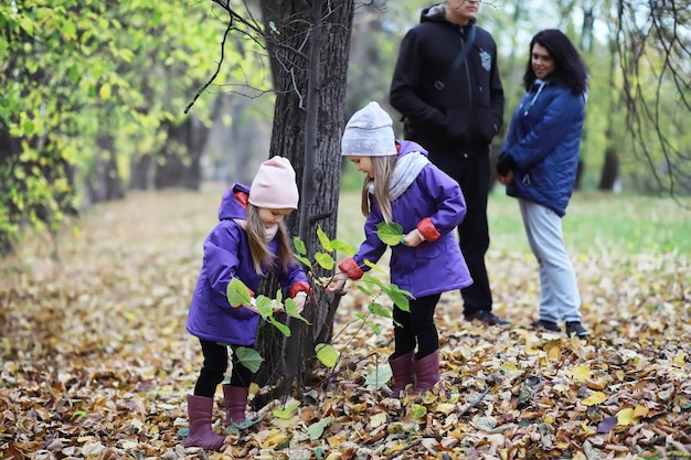 Caída de hojas en el parque. Niños a pasear por el parque de otoño. Familia. Otoño. Felicidad.