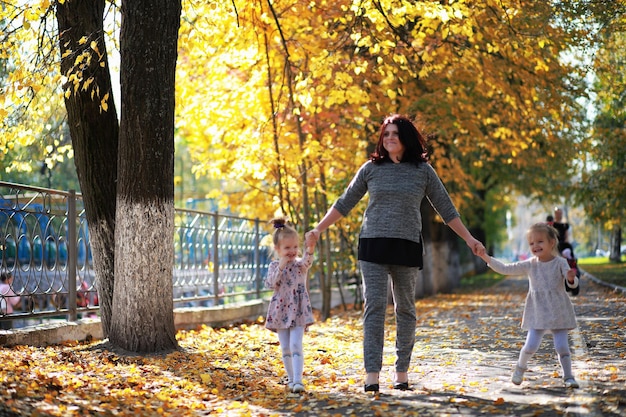 Caída de hojas en el parque. Niños a pasear por el parque de otoño. Familia. Otoño. Felicidad.