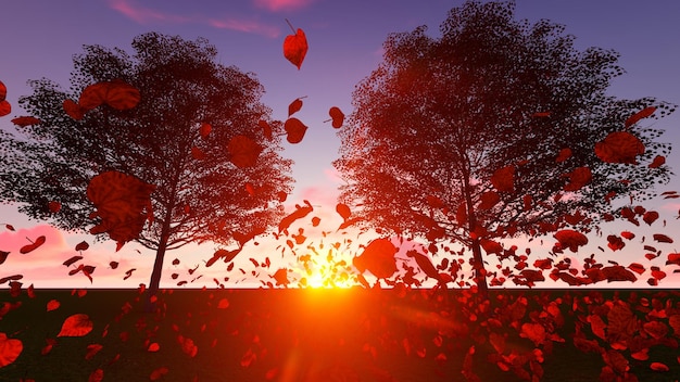 Caída de hojas rojas en los árboles al atardecer con hojas rojas Representación 3D al atardecer