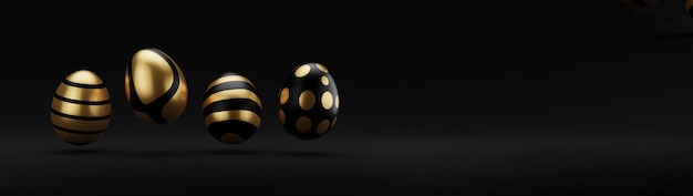 Caída de lujo dorado 3d huevo de pascua con patrón sobre fondo negro Representación 3d Feliz Pascua Fondo de lujo con huevos dorados y negros