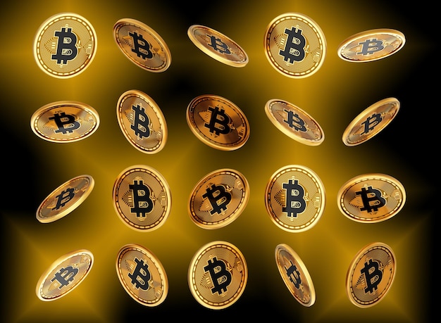 Caída de monedas de criptomoneda doradas y negras Bitcoin monedas redondeadas en fondo negro Ilustración 3d