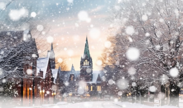 Caída de nieve mágica del invierno y luces de la ciudad fondo borroso calle de la ciudad con Navidad