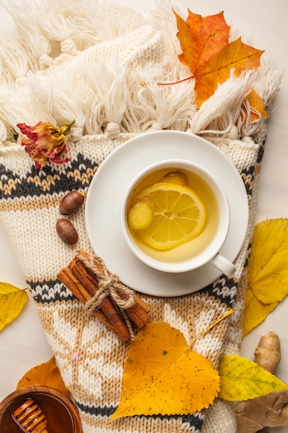 La caída del otoño pone de té con el jengibre y el limón en un fondo blanco.