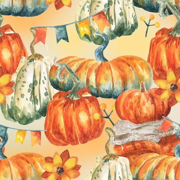 Caída de patrones sin fisuras con calabazas sobre fondo crema Patrón de otoño con banderas del empavesado acuarela