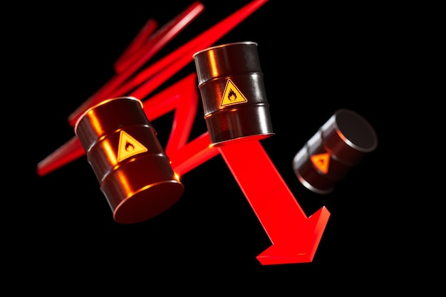 Caída de los precios del petróleo barriles de petróleo y una flecha roja apuntando hacia abajo sobre un fondo negro 3D Render