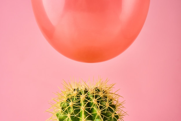 Caída roja del globo en aguja del cactus en un fondo rosado. Concepto de peligro o protección