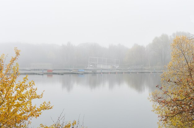 Caída rusa Árboles de otoño se reflejan en el lago. Hermosa, con niebla, mañana de otoño en el lago