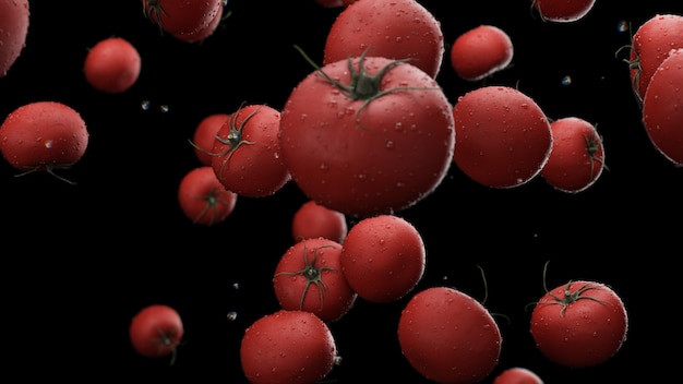 Caída de tomates con gotas de agua