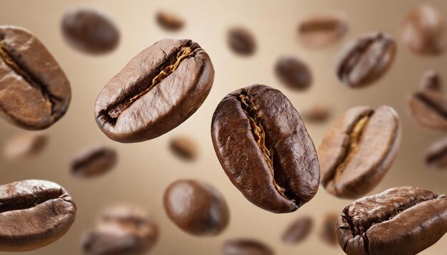 Caídas de granos de café tostados Semillas aromáticas de cafeína flotando en el aire Fondo marrón