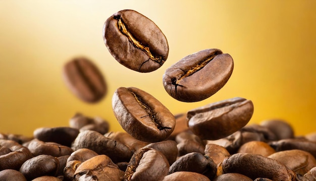 Caídas de granos de café tostados Semillas aromáticas de cafeína flotando en el aire Fondo naranja