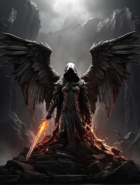 Foto caído ángel sin rostro sangrante con una capucha con una enorme espada de fuego y alas arrodillado de pie en el abismo