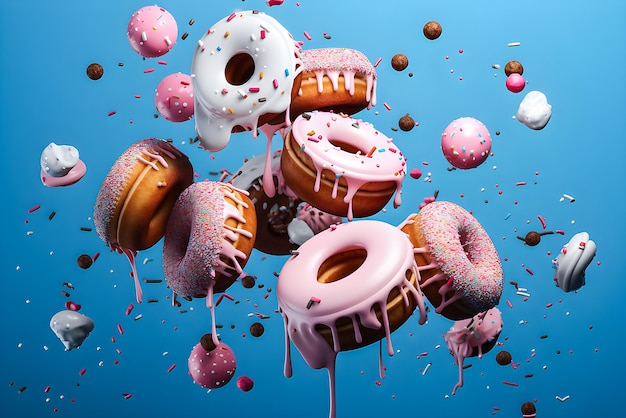 Foto caindo cupcake e donuts em estilo 3d generativo ai