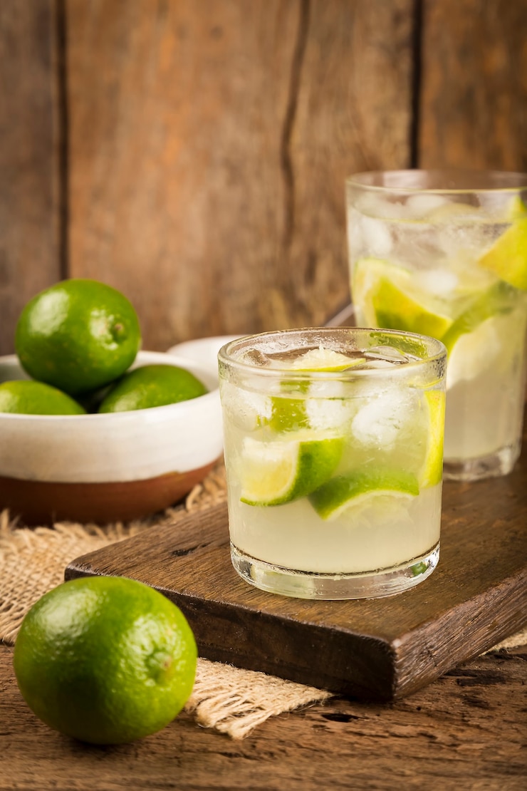 Foto caipirinha brasileira cachaça com limão em fundo de madeira rústica