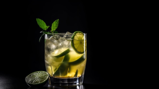 Caipirinha-Cocktail auf schwarzem Hintergrund, KI generiert