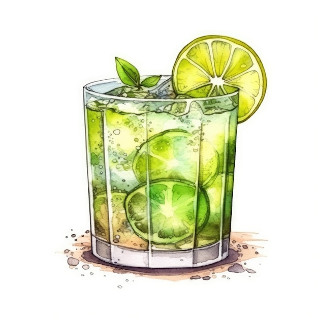Caipirinha Cocktail isolado em branco desenhado com aquarela generativa AI