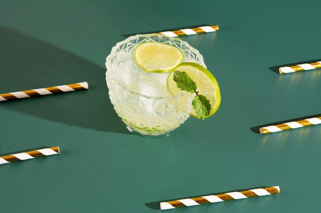 Caipirinha-Glas Pinga-Cocktail mit Eis und Lime auf einem glatten grünen Hintergrund mit Zitronen-Aufnahme aus der Luft