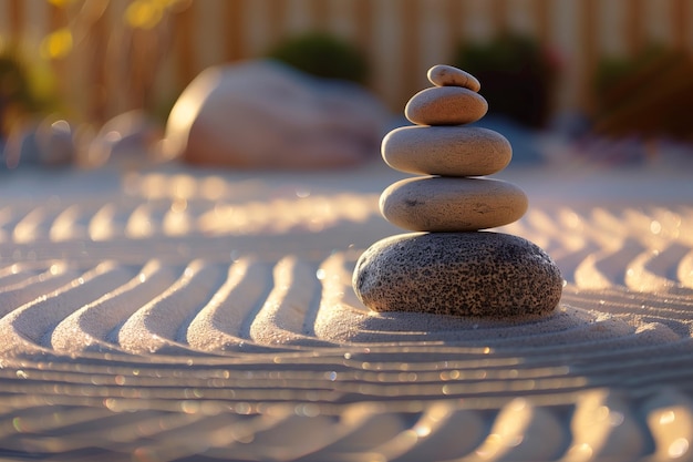 Cairn de pedra em areia raspada em um jardim zen tranquilo com luz solar dourada AI Gerado