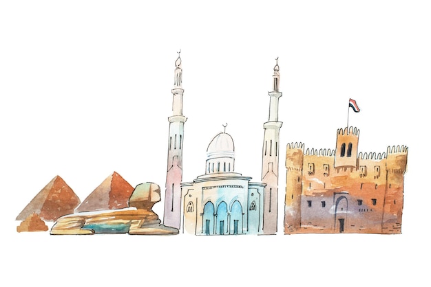 El Cairo Egipto Skyline monumentos famosos viajes y turismo waercolor ilustración