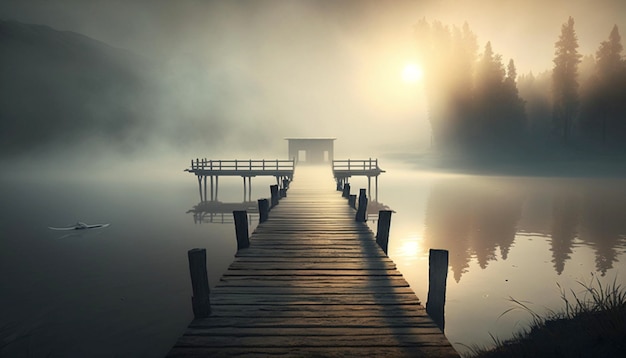 Cais de madeira com neblina no lago ao nascer do sol Generative Ai