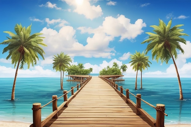 Cais ou ponte de madeira com praia tropical