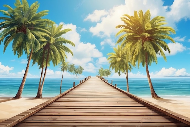 Cais ou ponte de madeira com praia tropical