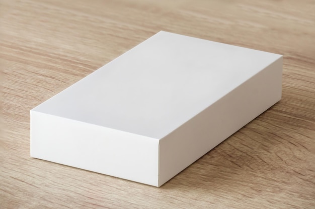 Caixa branca de maquete no fundo da mesa de madeira