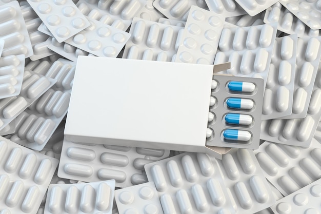 Caixa branca em branco para cápsulas na pilha de bolhas brancas de comprimidos e cápsulas Maquete médica