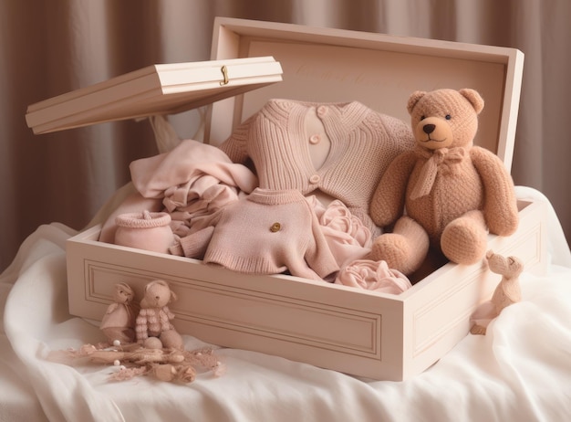 Caixa com coisas de bebê e acessórios para recém-nascido na cama Caixa de presente com cobertor de malha, roupas, meias, sapatos e brinquedos Conceito de chá de bebê Vista superior plana