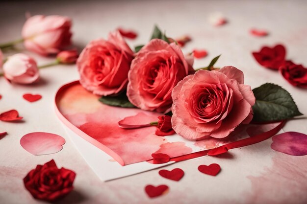 Caixa com deliciosos macarrões, flores de rosa e corações em fundo branco Celebração do Dia dos Namorados