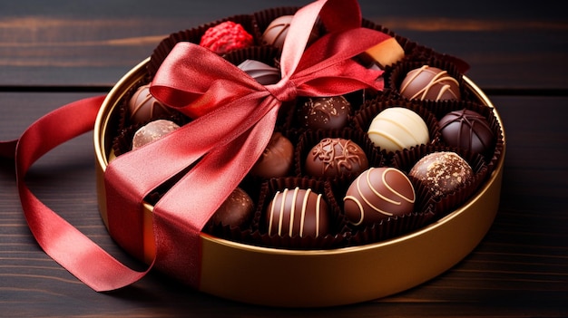 Foto caixa com doces de chocolate e doces em close de fundo escuro
