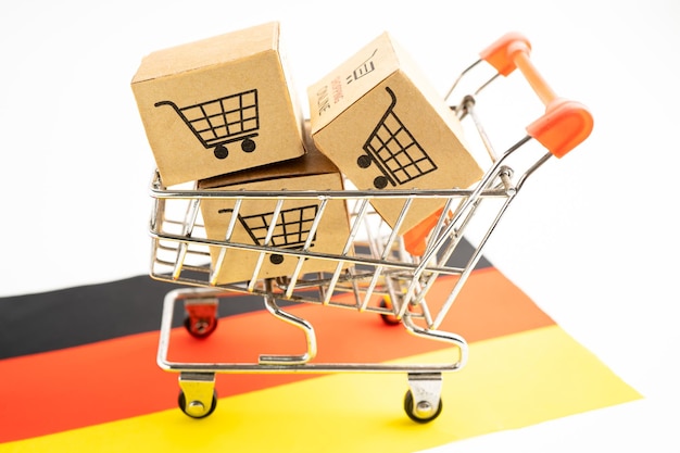 Caixa com o logotipo do carrinho de compras online e a bandeira da Alemanha