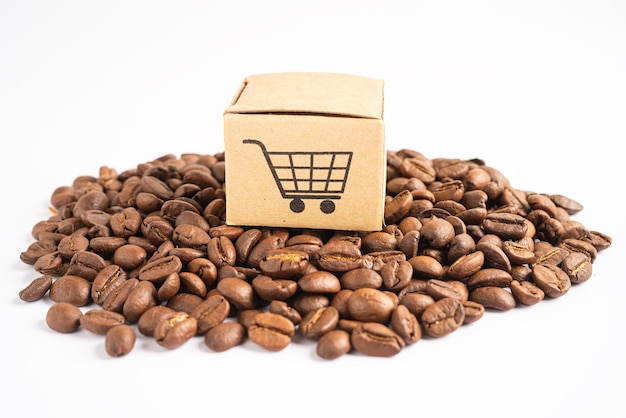 Caixa com o símbolo do logotipo do carrinho de compras em grãos de café Importação Exportação Compras on-line ou serviço de entrega de comércio eletrônico loja de produtos transporte comercial conceito de fornecedor