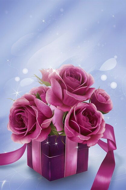 Caixa com rosas cor-de-rosa em fundo azul