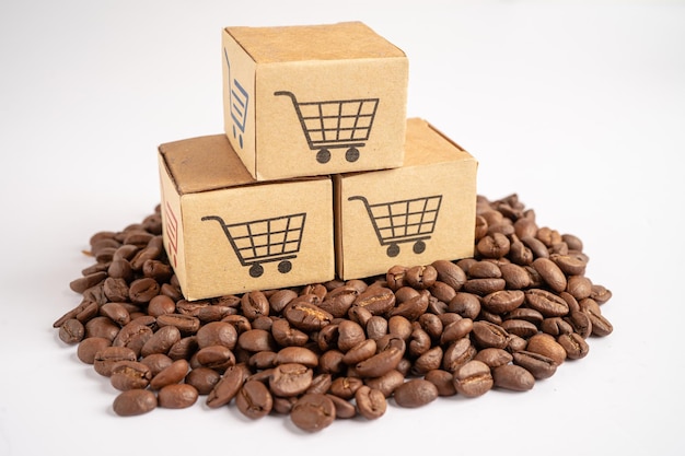 Caixa com símbolo de logotipo de carrinho de compras em grãos de café Import Export Compras on-line ou eCommerce serviço de entrega loja de produtos conceito de fornecedor de comércio de transporte