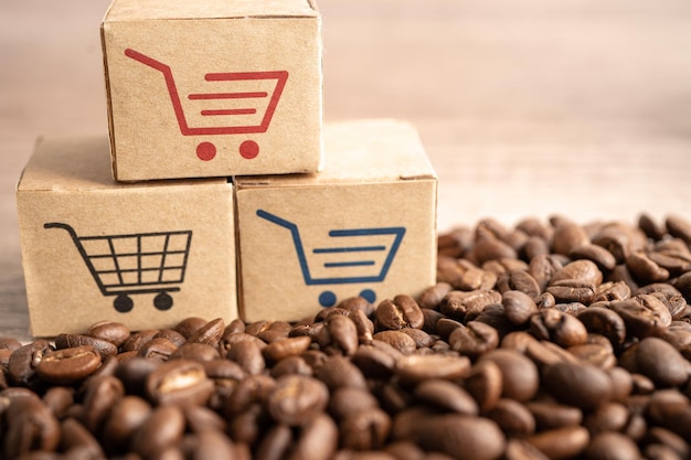 Caixa com símbolo de logotipo de carrinho de compras em grãos de café Import Export Compras on-line ou eCommerce serviço de entrega loja de produtos conceito de fornecedor de comércio de transporte