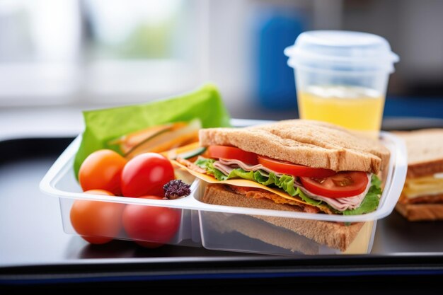 Foto caixa de almoço escolar embalada contendo apenas alimentos não saudáveis