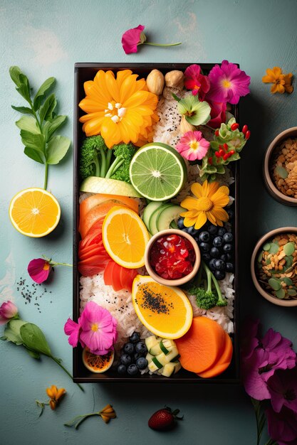 Caixa de almoço saudável com frutas e vegetais de arroz em fundo preto