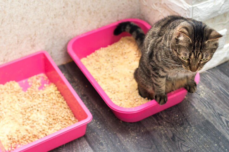 Caixa de areia para gatos e tampa aberta com enchimento de madeira