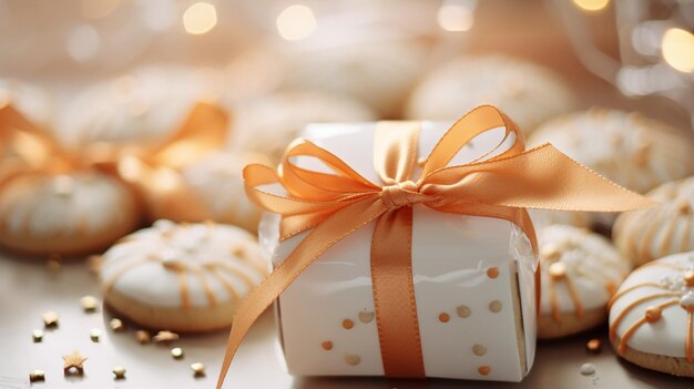 Caixa de biscoitos de Natal decorados com fita